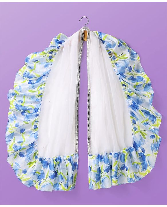 Pine Kids Woven Puffed Sleeves Choli  Lehenga Set & Dupatta with Frill Detailing & Floral Print - White & Blue