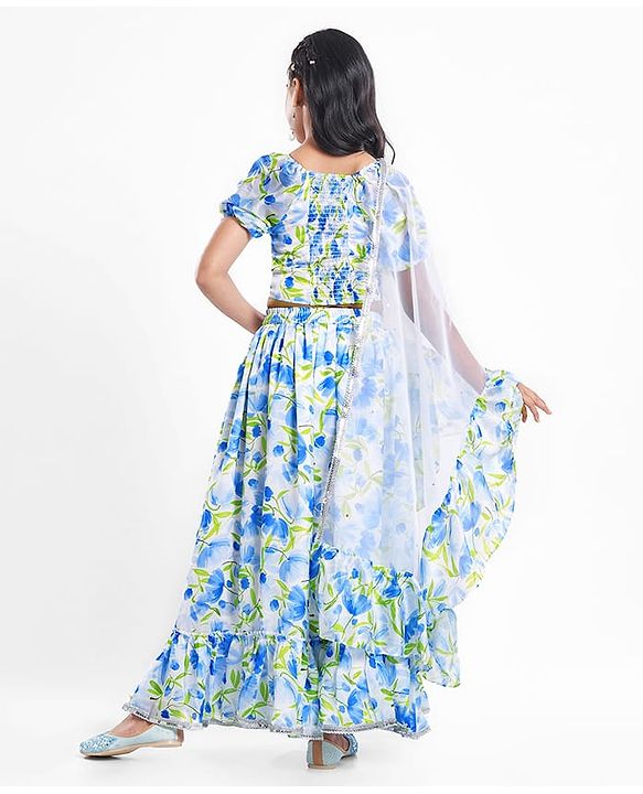 Pine Kids Woven Puffed Sleeves Choli  Lehenga Set & Dupatta with Frill Detailing & Floral Print - White & Blue