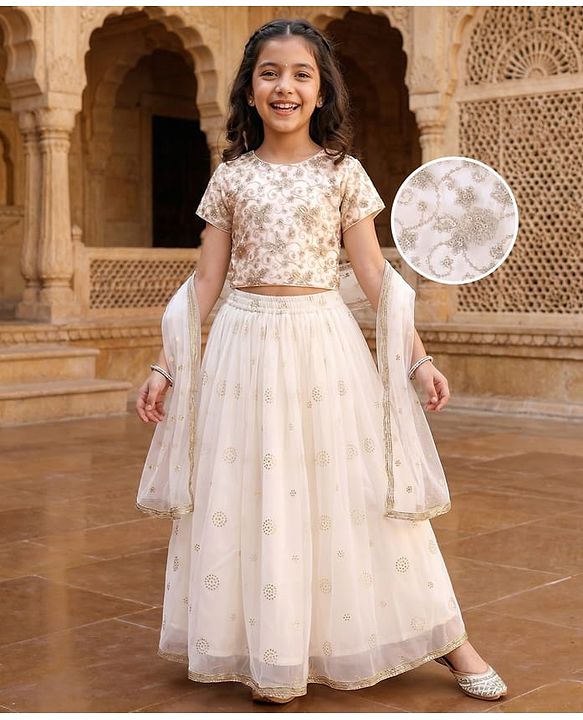 Pine Kids Woven Half Sleeves Floral Sequin Embroidered Choli Lehenga Set with Dupatta - White