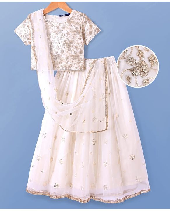 Pine Kids Woven Half Sleeves Floral Sequin Embroidered Choli Lehenga Set with Dupatta - White