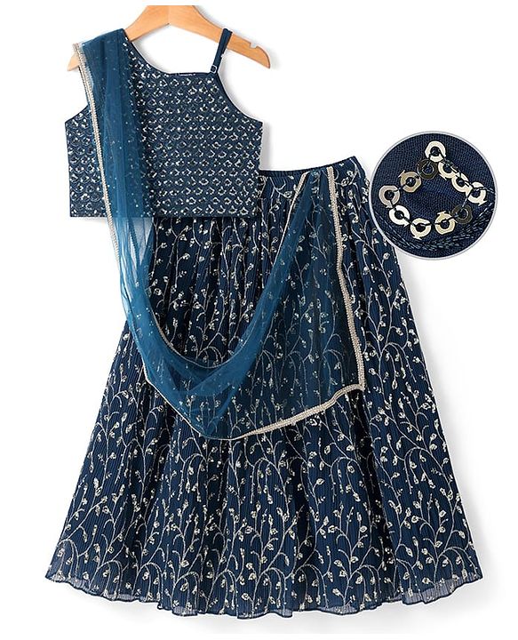 Pine Kids Woven Singlet Sleeves Choli Lehenga Set with Dupatta & Floral Sequin Detailing - Navy Blue