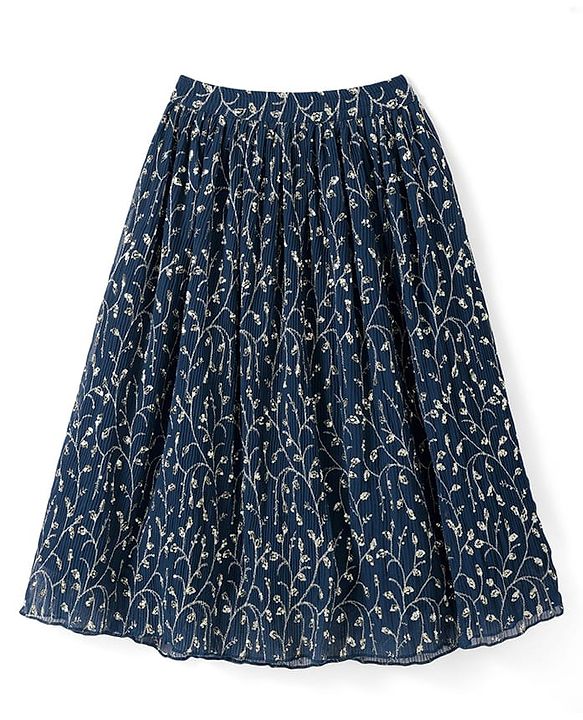 Pine Kids Woven Singlet Sleeves Choli Lehenga Set with Dupatta & Floral Sequin Detailing - Navy Blue