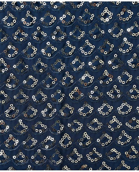 Pine Kids Woven Singlet Sleeves Choli Lehenga Set with Dupatta & Floral Sequin Detailing - Navy Blue