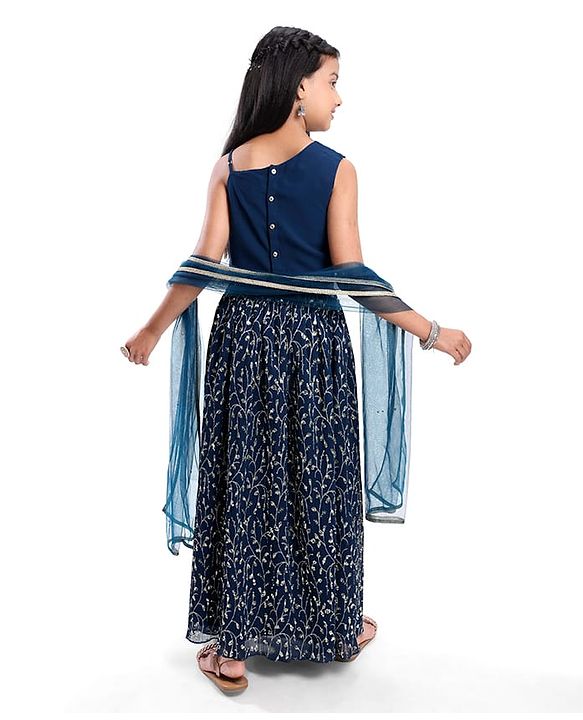Pine Kids Woven Singlet Sleeves Choli Lehenga Set with Dupatta & Floral Sequin Detailing - Navy Blue