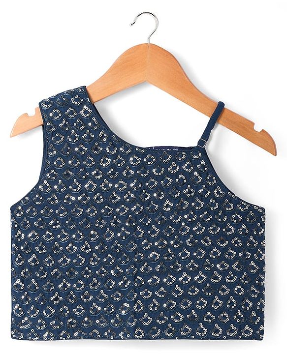 Pine Kids Woven Singlet Sleeves Choli Lehenga Set with Dupatta & Floral Sequin Detailing - Navy Blue