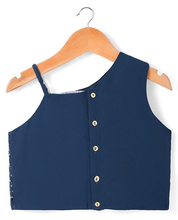 Pine Kids Woven Singlet Sleeves Choli Lehenga Set with Dupatta & Floral Sequin Detailing - Navy Blue