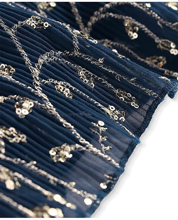 Pine Kids Woven Singlet Sleeves Choli Lehenga Set with Dupatta & Floral Sequin Detailing - Navy Blue