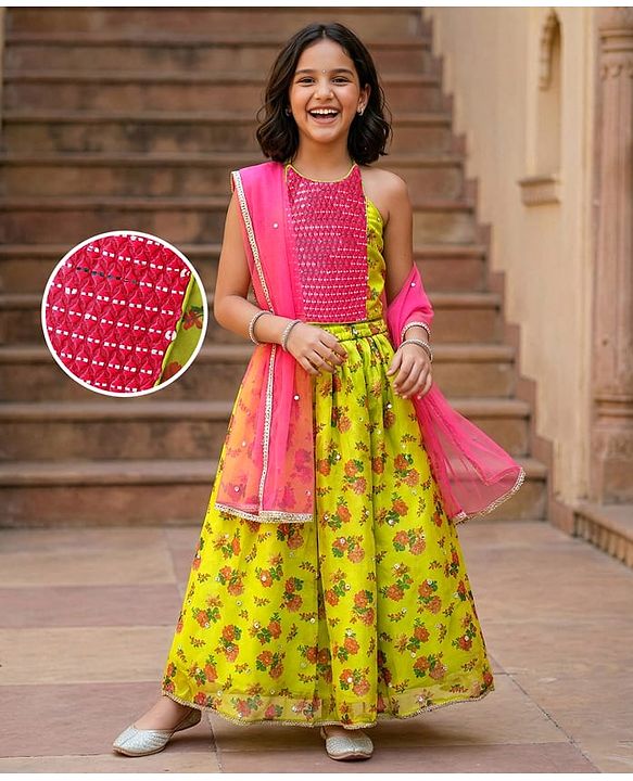 Pine Kids Woven Sleeveless Choli  Lehenga Set & Dupatta with Sequin Design & Floral Print -Limegreen
