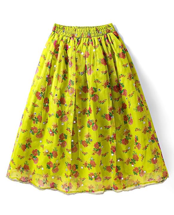 Pine Kids Woven Sleeveless Choli  Lehenga Set & Dupatta with Sequin Design & Floral Print -Limegreen