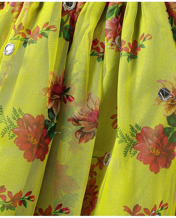 Pine Kids Woven Sleeveless Choli  Lehenga Set & Dupatta with Sequin Design & Floral Print -Limegreen