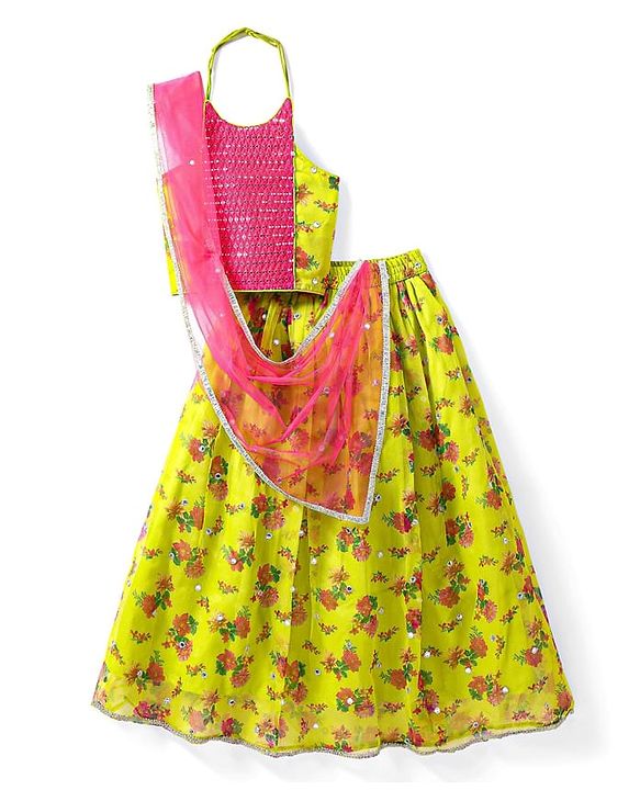 Pine Kids Woven Sleeveless Choli  Lehenga Set & Dupatta with Sequin Design & Floral Print -Limegreen