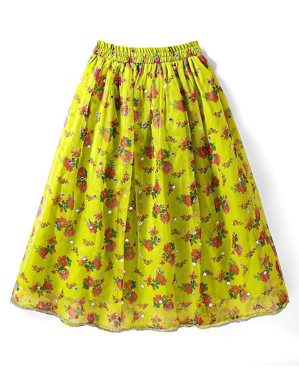 Pine Kids Woven Sleeveless Choli  Lehenga Set & Dupatta with Sequin Design & Floral Print -Limegreen
