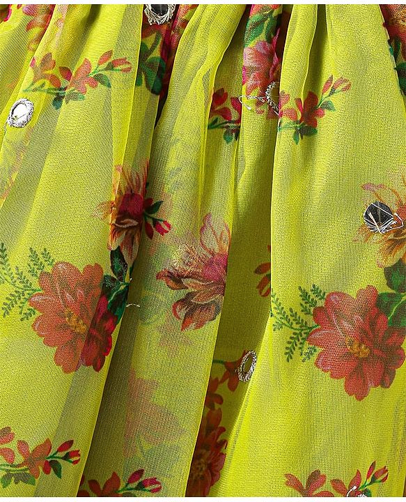 Pine Kids Woven Sleeveless Choli  Lehenga Set & Dupatta with Sequin Design & Floral Print -Limegreen