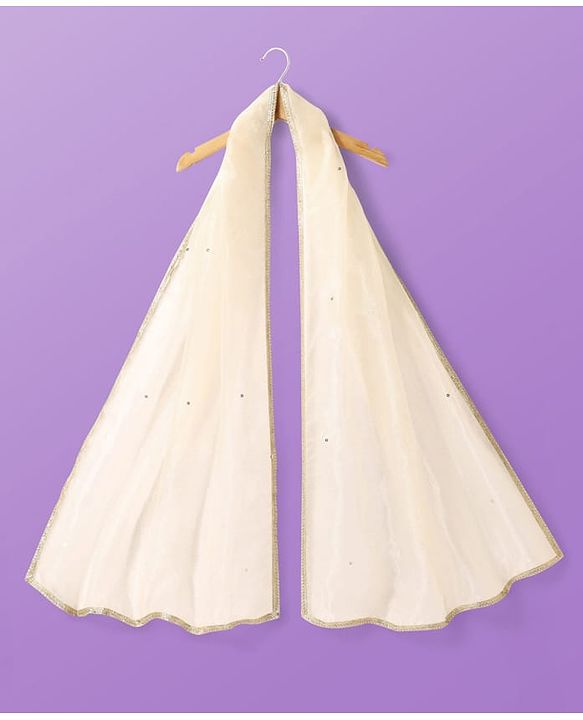 Pine Kids Woven Sleeveless Embroidered Lehenga Choli & Dupatta Set with Sequin & Lace Detailing - Off White & Mustard