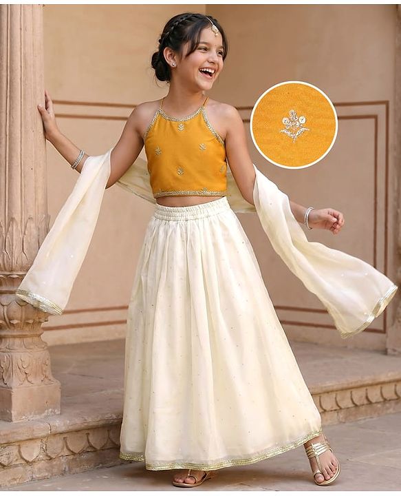 Pine Kids Woven Sleeveless Embroidered Lehenga Choli & Dupatta Set with Sequin & Lace Detailing - Off White & Mustard
