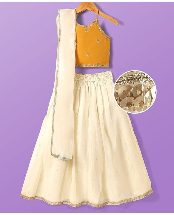 Pine Kids Woven Sleeveless Embroidered Lehenga Choli & Dupatta Set with Sequin & Lace Detailing - Off White & Mustard