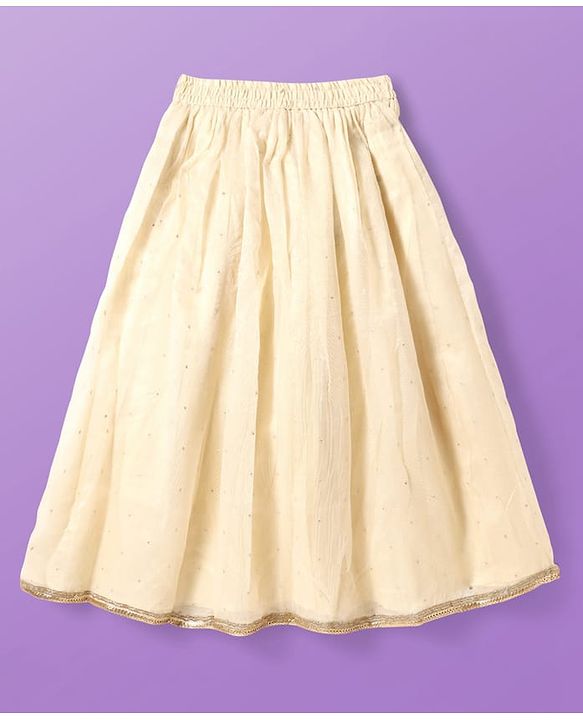 Pine Kids Woven Sleeveless Embroidered Lehenga Choli & Dupatta Set with Sequin & Lace Detailing - Off White & Mustard