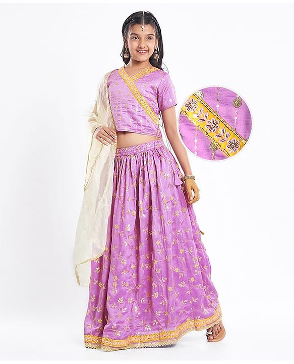 Pine Kids Woven Half Sleeves Floral Sequin Embroidered Choli Lehenga Set with Dupatta - Purple
