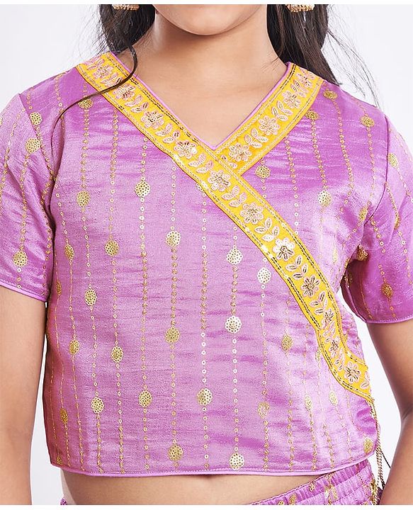 Pine Kids Woven Half Sleeves Floral Sequin Embroidered Choli Lehenga Set with Dupatta - Purple