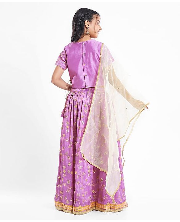 Pine Kids Woven Half Sleeves Floral Sequin Embroidered Choli Lehenga Set with Dupatta - Purple