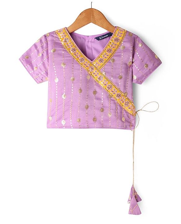 Pine Kids Woven Half Sleeves Floral Sequin Embroidered Choli Lehenga Set with Dupatta - Purple