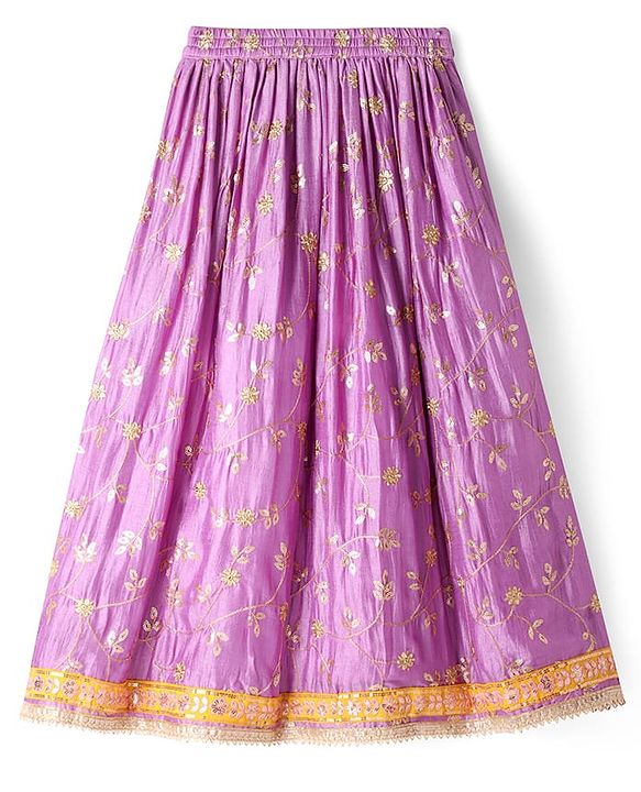 Pine Kids Woven Half Sleeves Floral Sequin Embroidered Choli Lehenga Set with Dupatta - Purple