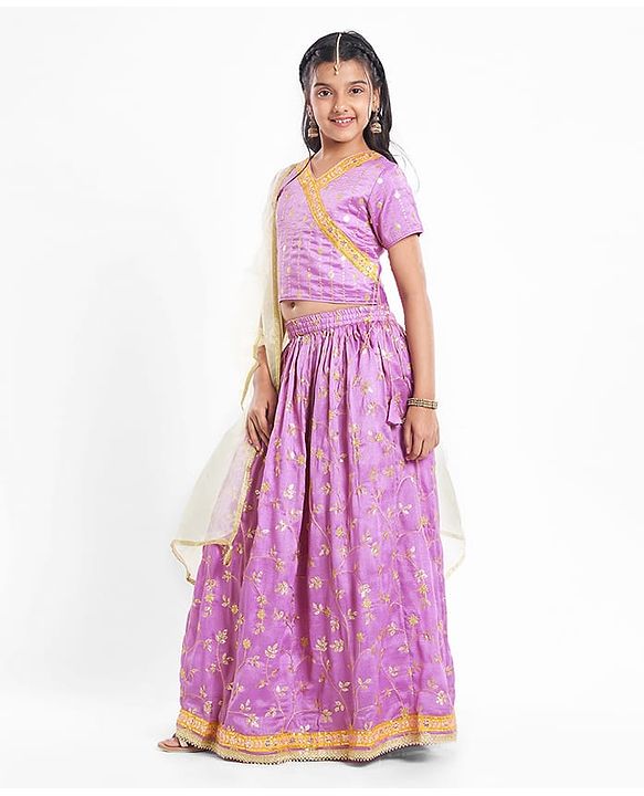 Pine Kids Woven Half Sleeves Floral Sequin Embroidered Choli Lehenga Set with Dupatta - Purple