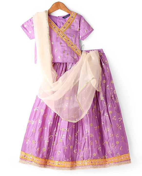 Pine Kids Woven Half Sleeves Floral Sequin Embroidered Choli Lehenga Set with Dupatta - Purple