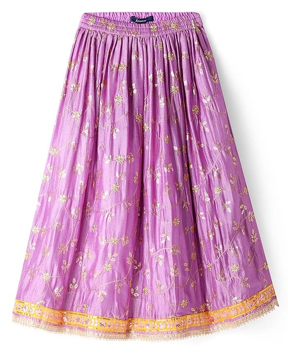 Pine Kids Woven Half Sleeves Floral Sequin Embroidered Choli Lehenga Set with Dupatta - Purple