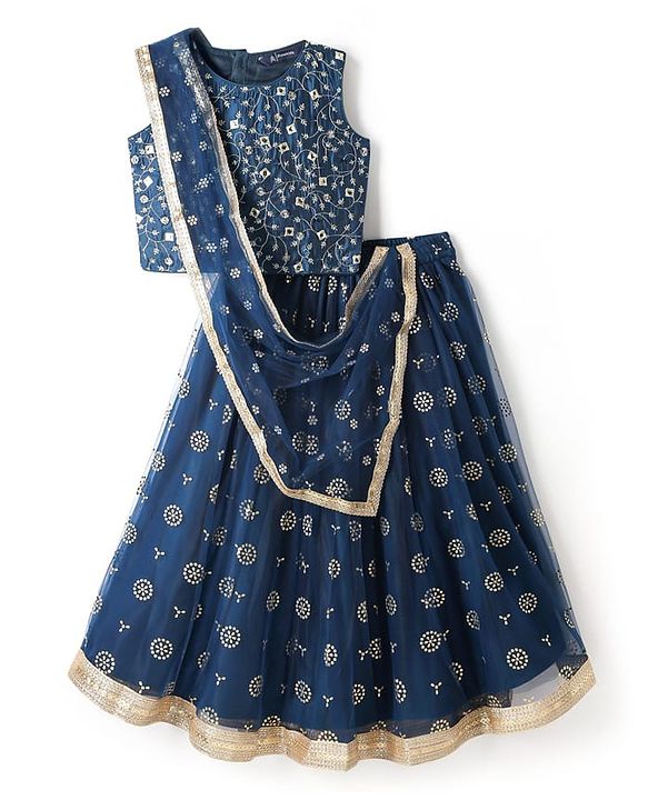 Pine Kids Woven Sleeveless Floral Embroidered Choli Lehenga Set with Dupatta Glitter Print & Lace Detailing - Navy Blue