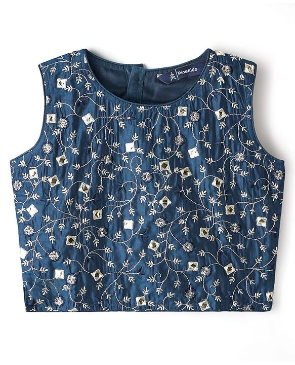 Pine Kids Woven Sleeveless Floral Embroidered Choli Lehenga Set with Dupatta Glitter Print & Lace Detailing - Navy Blue
