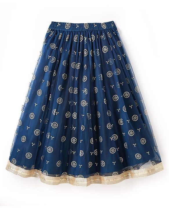 Pine Kids Woven Sleeveless Floral Embroidered Choli Lehenga Set with Dupatta Glitter Print & Lace Detailing - Navy Blue