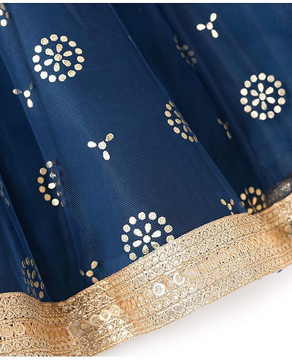 Pine Kids Woven Sleeveless Floral Embroidered Choli Lehenga Set with Dupatta Glitter Print & Lace Detailing - Navy Blue