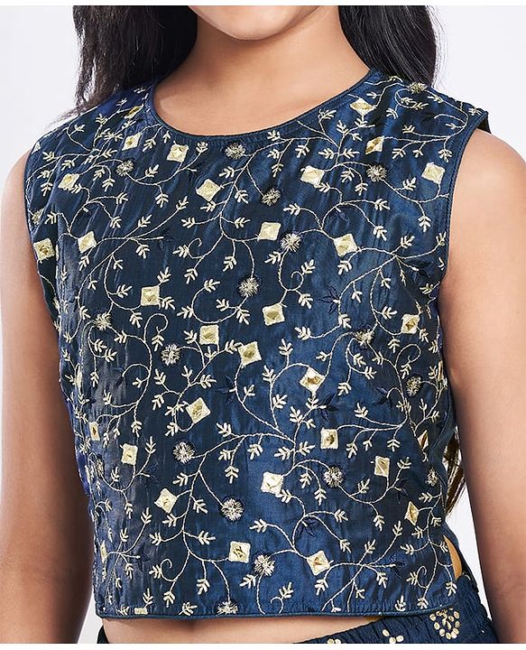 Pine Kids Woven Sleeveless Floral Embroidered Choli Lehenga Set with Dupatta Glitter Print & Lace Detailing - Navy Blue