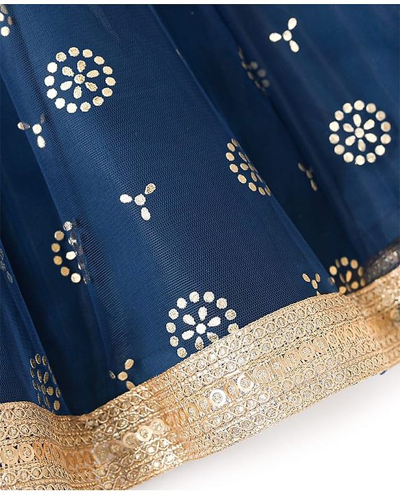 Pine Kids Woven Sleeveless Floral Embroidered Choli Lehenga Set with Dupatta Glitter Print & Lace Detailing - Navy Blue
