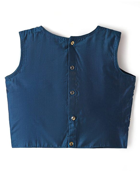 Pine Kids Woven Sleeveless Floral Embroidered Choli Lehenga Set with Dupatta Glitter Print & Lace Detailing - Navy Blue