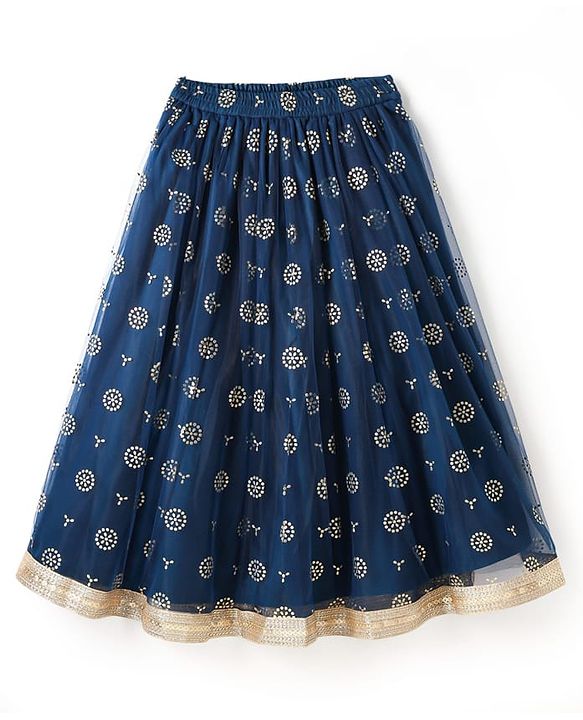 Pine Kids Woven Sleeveless Floral Embroidered Choli Lehenga Set with Dupatta Glitter Print & Lace Detailing - Navy Blue