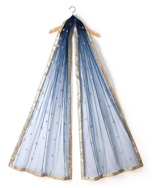 Pine Kids Woven Sleeveless Floral Embroidered Choli Lehenga Set with Dupatta Glitter Print & Lace Detailing - Navy Blue