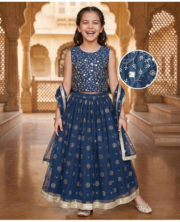 Pine Kids Woven Sleeveless Floral Embroidered Choli Lehenga Set with Dupatta Glitter Print & Lace Detailing - Navy Blue