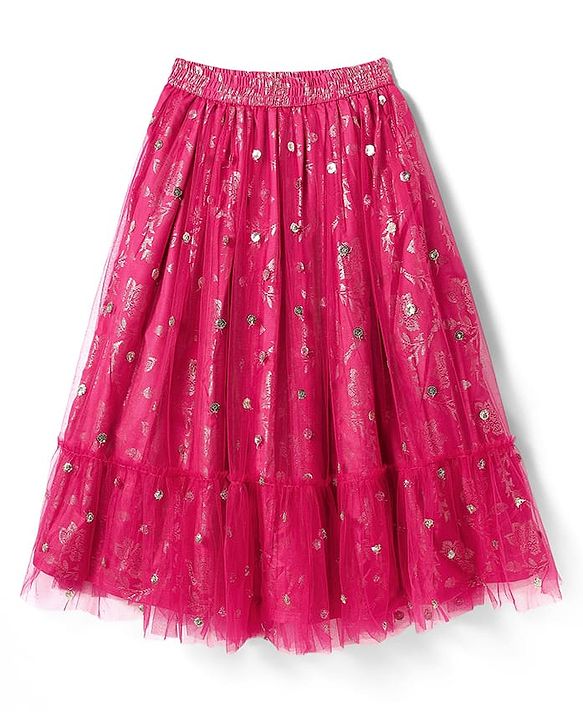 Pine Kids Woven Half Sleeves Lehenga Choli Set with Dupatta & Floral Design Embroidery & Lace Detailing -Dark Pink