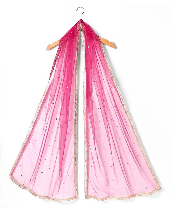 Pine Kids Woven Half Sleeves Lehenga Choli Set with Dupatta & Floral Design Embroidery & Lace Detailing -Dark Pink