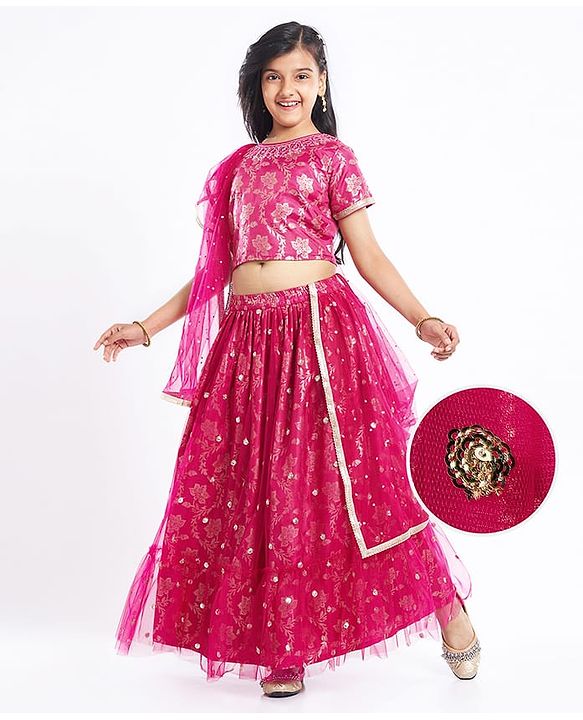 Pine Kids Woven Half Sleeves Lehenga Choli Set with Dupatta & Floral Design Embroidery & Lace Detailing -Dark Pink