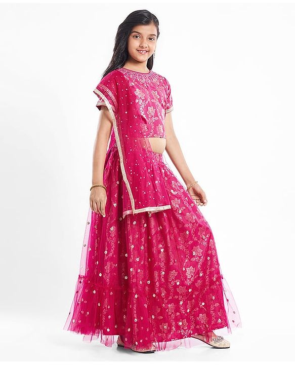 Pine Kids Woven Half Sleeves Lehenga Choli Set with Dupatta & Floral Design Embroidery & Lace Detailing -Dark Pink