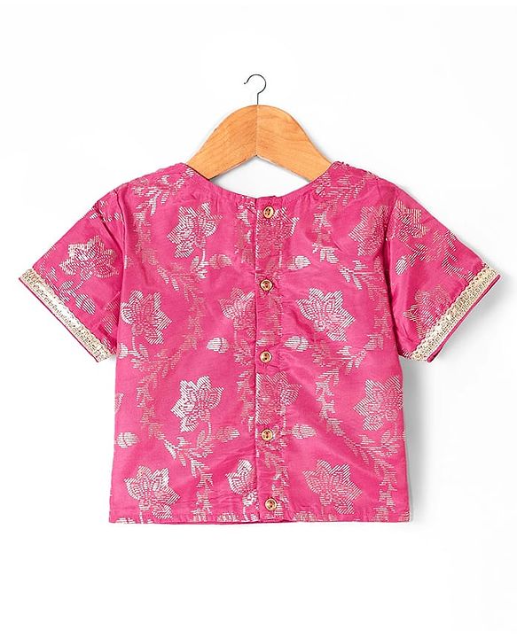 Pine Kids Woven Half Sleeves Lehenga Choli Set with Dupatta & Floral Design Embroidery & Lace Detailing -Dark Pink