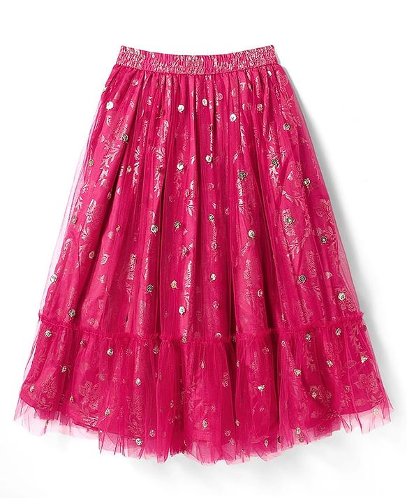 Pine Kids Woven Half Sleeves Lehenga Choli Set with Dupatta & Floral Design Embroidery & Lace Detailing -Dark Pink
