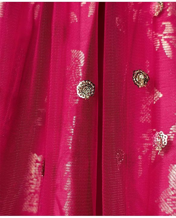 Pine Kids Woven Half Sleeves Lehenga Choli Set with Dupatta & Floral Design Embroidery & Lace Detailing -Dark Pink