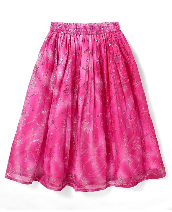 Pine Kids Woven Sleeveless Tie Dye  Choli  Lehenga  Set & Dupatta with Sequin Floral Design - Dark Pink