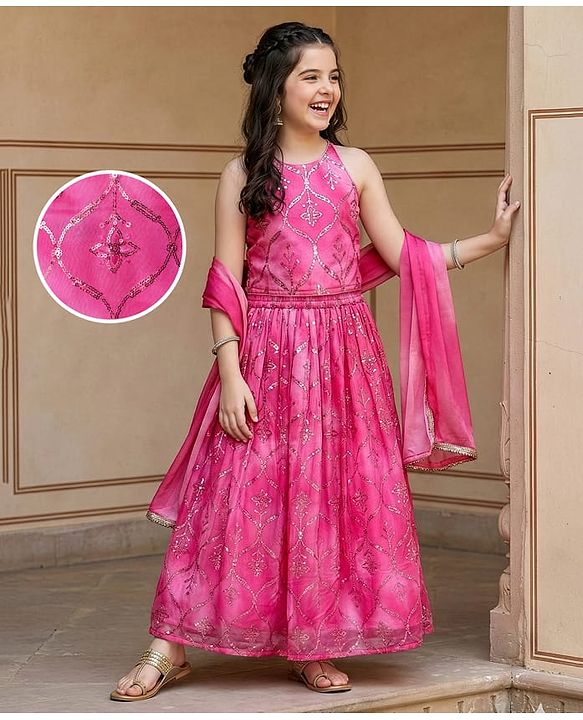 Pine Kids Woven Sleeveless Tie Dye  Choli  Lehenga  Set & Dupatta with Sequin Floral Design - Dark Pink