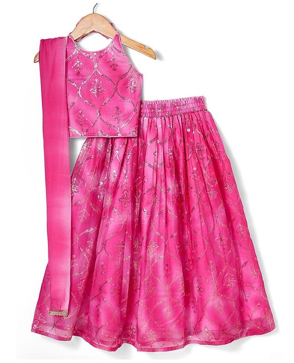 Pine Kids Woven Sleeveless Tie Dye  Choli  Lehenga  Set & Dupatta with Sequin Floral Design - Dark Pink