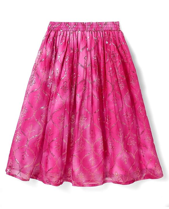 Pine Kids Woven Sleeveless Tie Dye  Choli  Lehenga  Set & Dupatta with Sequin Floral Design - Dark Pink